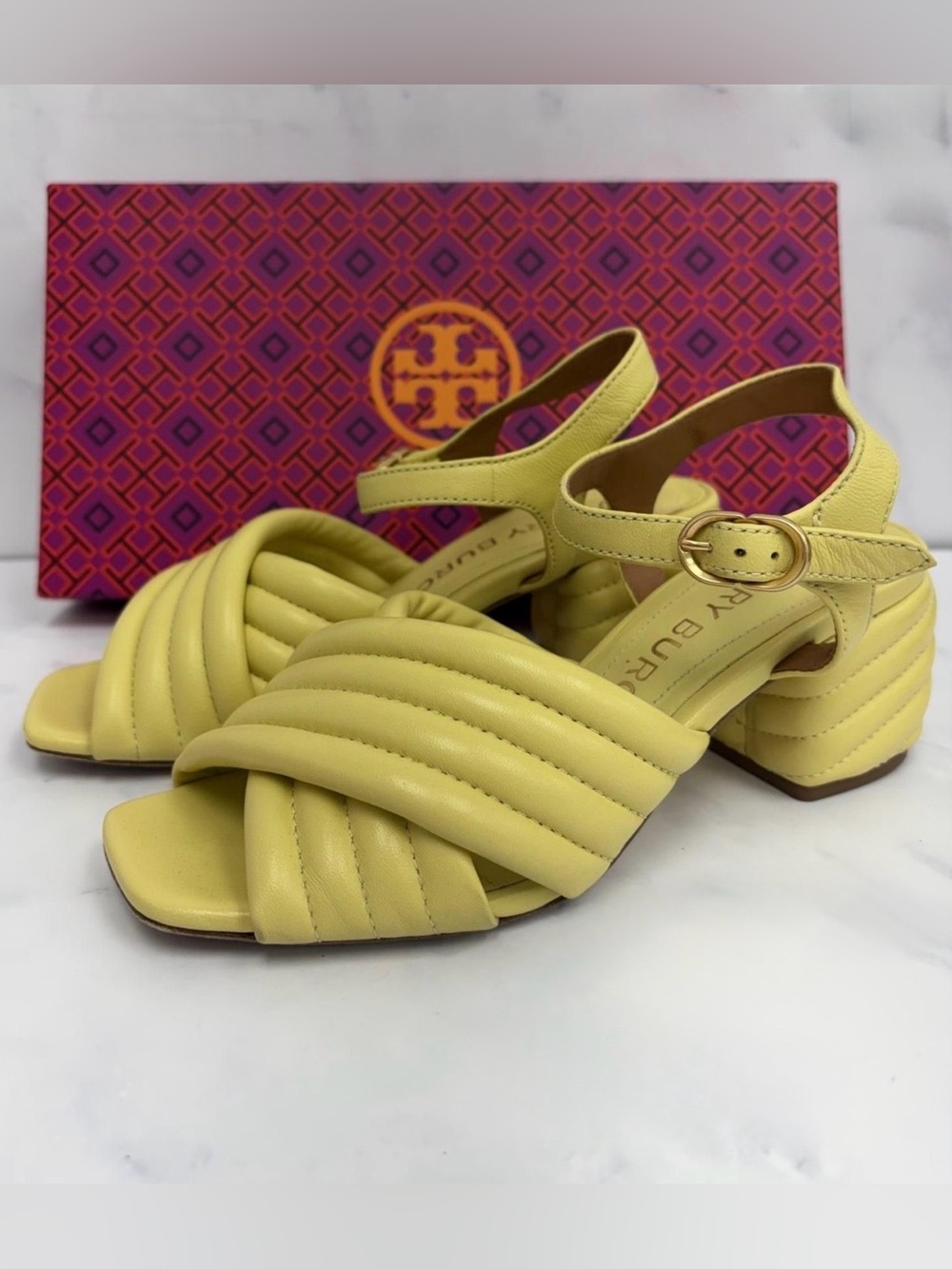 Like new Tory Burch Yellow Quilted Leather Block Heel Sandals size 6.5